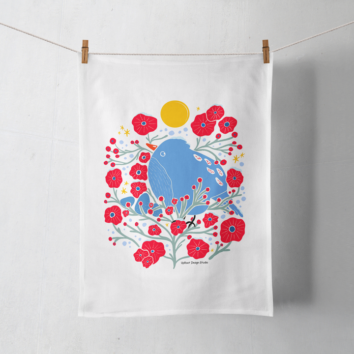 100% Organic Cotton "Bird in the Bush" Kitchen Tea Towel w. Hand-drawn Adorable Blue Bird & Red Flowers (Tea Time/Winter Dreaming)