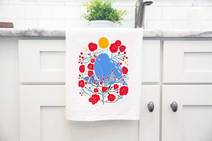 100% Organic Cotton "Bird in the Bush" Kitchen Tea Towel w. Hand-drawn Adorable Blue Bird & Red Flowers (Tea Time/Winter Dreaming)