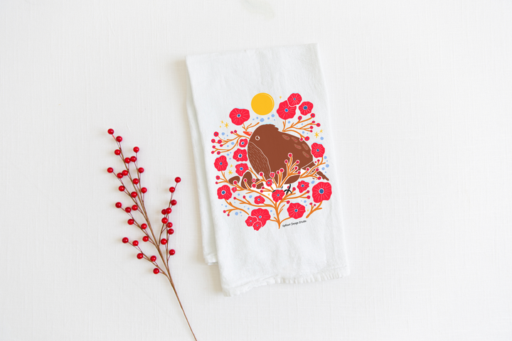 100% Organic Cotton "Holiday Bird in the Bush" Kitchen Tea Towel w. Hand-drawn Adorable Bird & Red Flowers (Tea Time/Winter Dreaming)