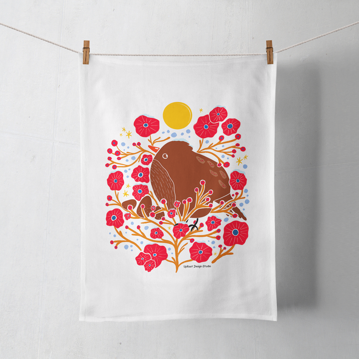 100% Organic Cotton "Holiday Bird in the Bush" Kitchen Tea Towel w. Hand-drawn Adorable Bird & Red Flowers (Tea Time/Winter Dreaming)