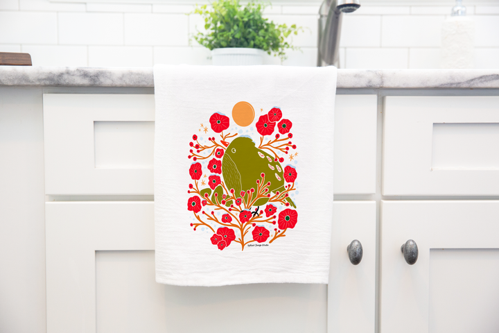 100% Organic Cotton "Holiday Bird in the Bush" Kitchen Tea Towel w. Hand-drawn Adorable Bird & Red Flowers (Tea Time/Winter Dreaming)