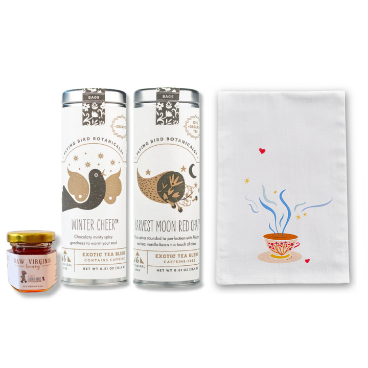 "Scrumptious Spice" Organic Tea Gift Set w. Honey & Tea Towel (Restful Brew)