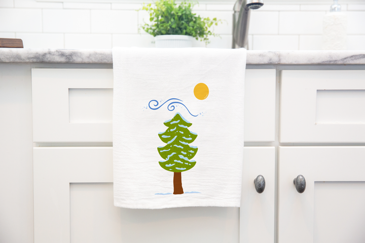 100% Organic Cotton "Pine Trees" Kitchen Tea Towels w. Hand-drawn Adorable Art - Assorted (Tea Time/Winter Forest)