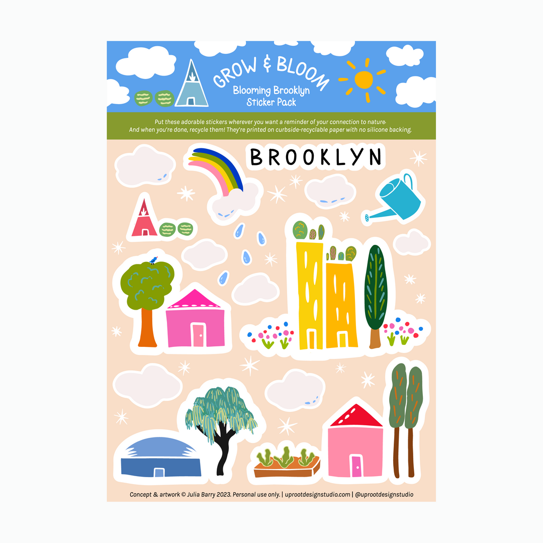 Adorable "Green Cities" Brooklyn Sticker Sheet of Eco Stickers w. "Brooklyn" Decal, Houses, Flowers, Trees, Clouds & Rooftop Gardens (Grow & Bloom)