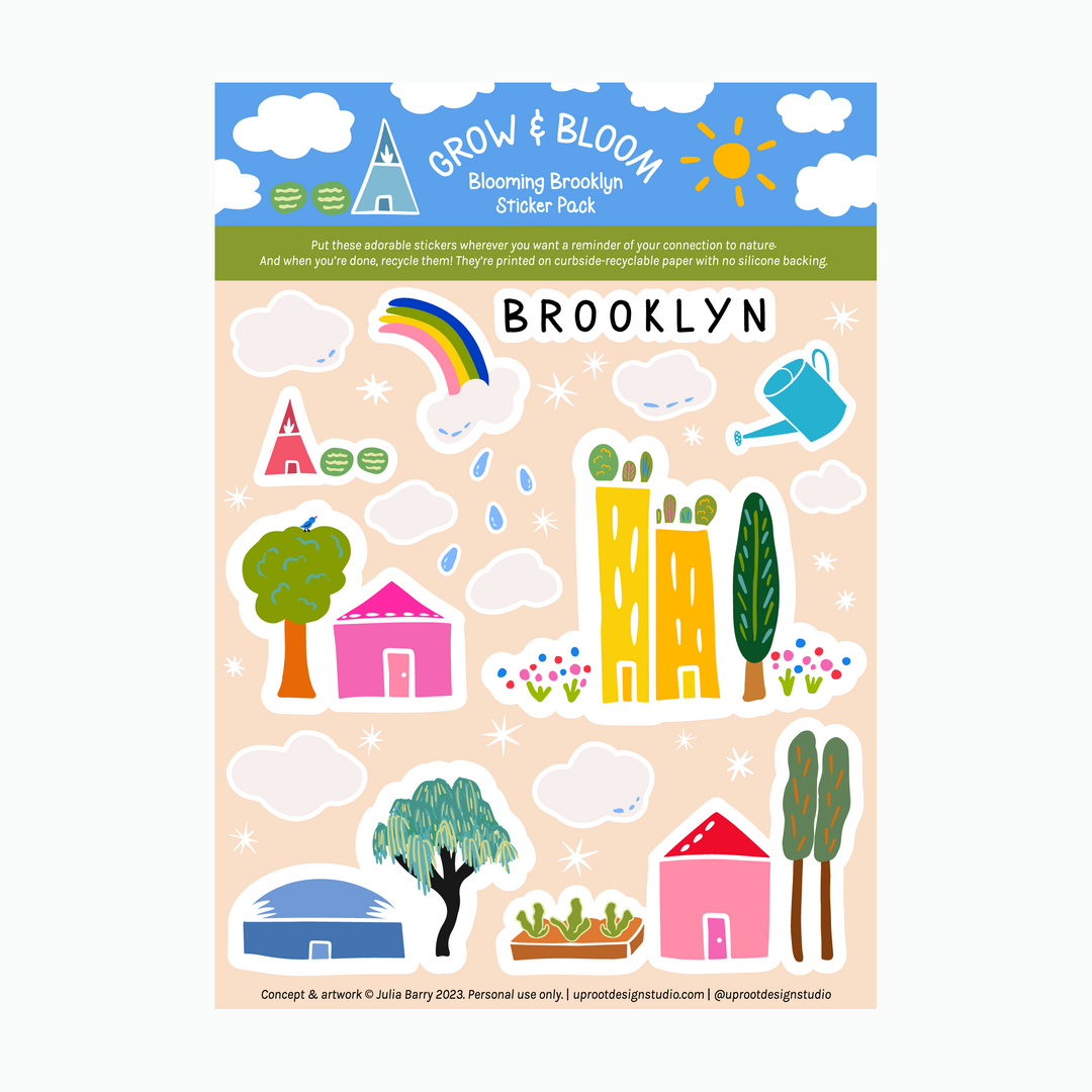 Adorable "Green Cities" Brooklyn Sticker Sheet of Eco Stickers w. "Brooklyn" Decal,  Houses, Flowers, Trees, Clouds & Rooftop Gardens (Grow & Bloom)
