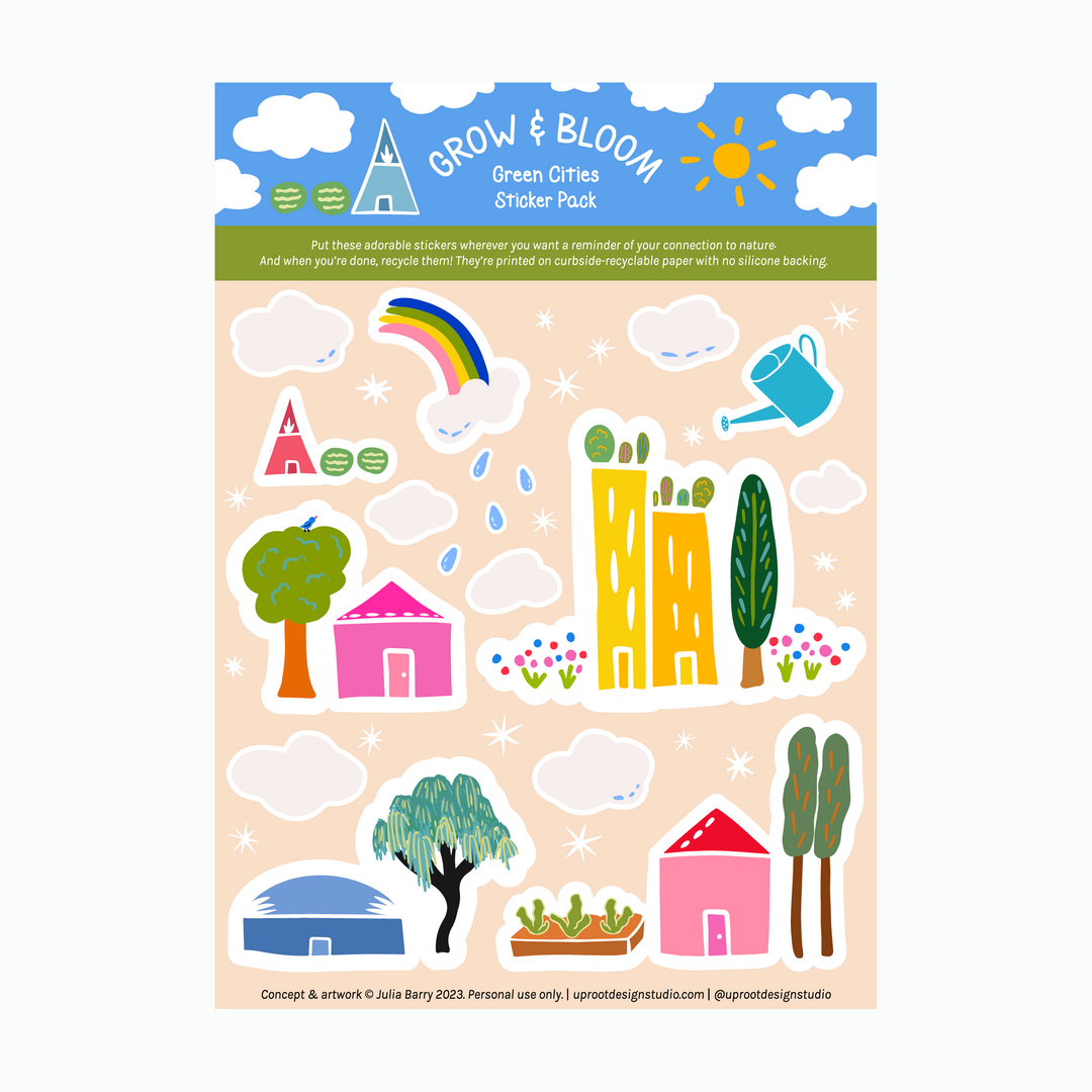 Adorable "Green Cities" Sticker Sheet of Eco Stickers w. Houses, Flowers, Trees, Clouds & Rooftop Gardens (Grow & Bloom)