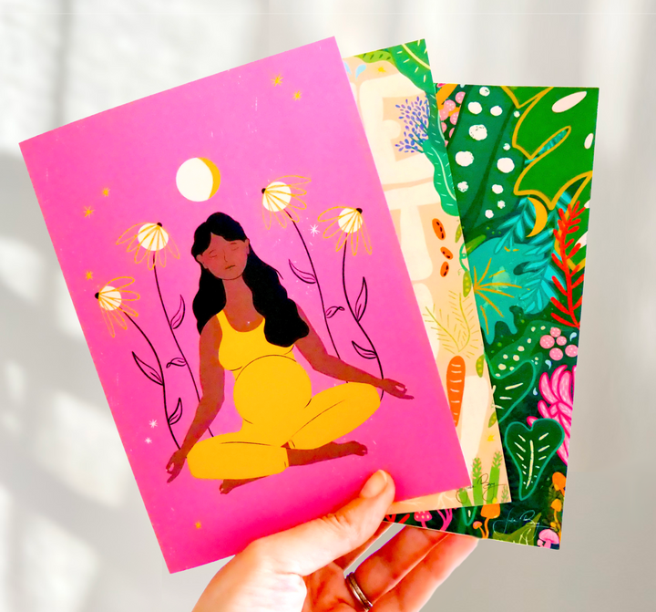 "Meditating Mama" Eco Recycled Greeting Card w. Hand-Drawn Art of Pregnant Person in Meditation Yoga Pose + Recycled Envelope, Blank inside