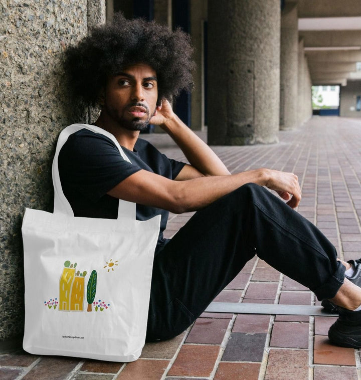 "Green Cities" 100% Organic Cotton Grocery Tote Bag w. Colorful Apartment Buildings, Rooftop Garden, Sun, Tree & Flowers