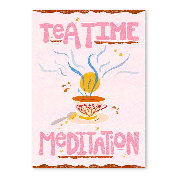 "Tea Time" Hand-Illustrated Meditation Card w. Instructions 5x7"