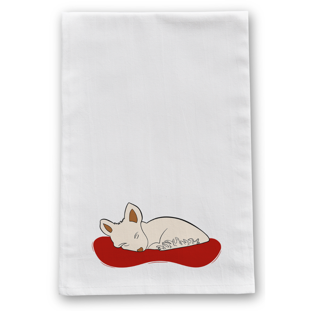 100% Organic Cotton "Cozy Dreams" Sleeping Dogs Kitchen Tea Towels w. Hand-drawn Adorable Art - Assorted (Tea Time/Warm Wishes)