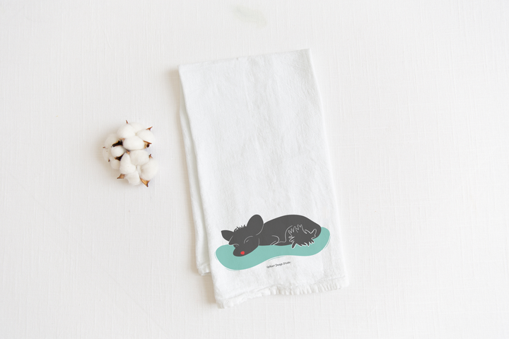 100% Organic Cotton "Nap Time" Sleeping Dogs Kitchen Tea Towels w. Hand-drawn Adorable Art - Assorted (Tea Time/Warm Wishes)