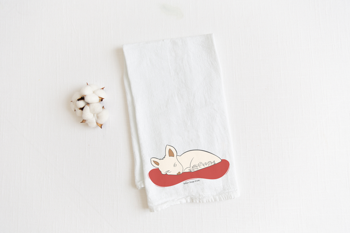 100% Organic Cotton "Cozy Dreams" Sleeping Dogs Kitchen Tea Towels w. Hand-drawn Adorable Art - Assorted (Tea Time/Warm Wishes)