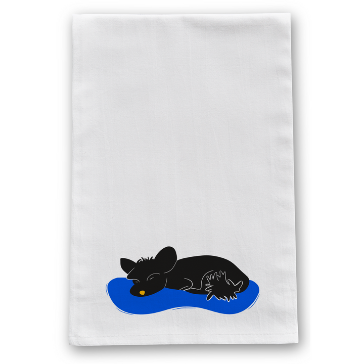 100% Organic Cotton "Nap Time" Sleeping Dogs Kitchen Tea Towels w. Hand-drawn Adorable Art - Assorted (Tea Time/Warm Wishes)
