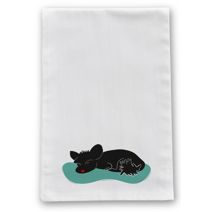 100% Organic Cotton "Nap Time" Sleeping Dogs Kitchen Tea Towels w. Hand-drawn Adorable Art - Assorted (Tea Time/Warm Wishes)