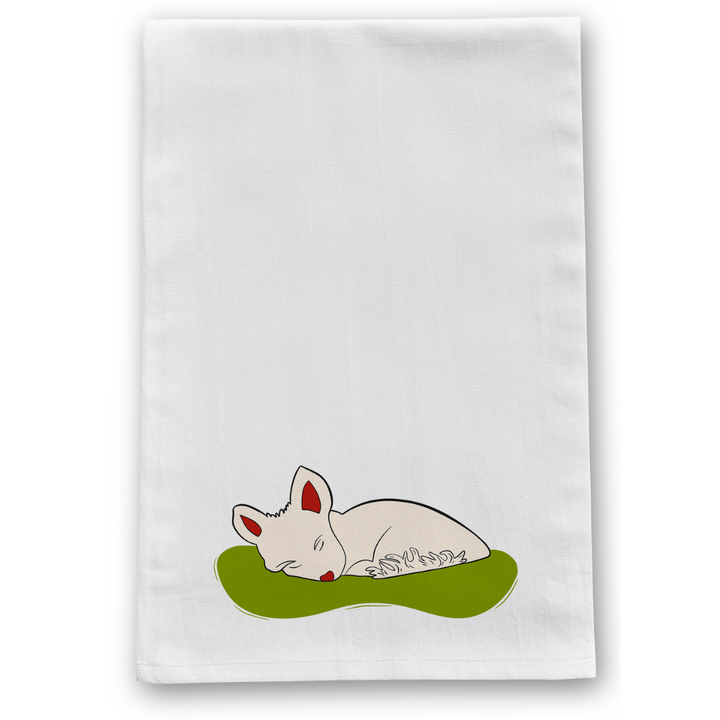 100% Organic Cotton "Cozy Dreams" Sleeping Dogs Kitchen Tea Towels w. Hand-drawn Adorable Art - Assorted (Tea Time/Warm Wishes)