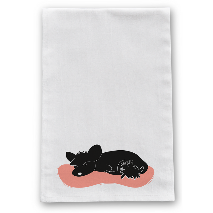 100% Organic Cotton "Nap Time" Sleeping Dogs Kitchen Tea Towels w. Hand-drawn Adorable Art - Assorted (Tea Time/Warm Wishes)