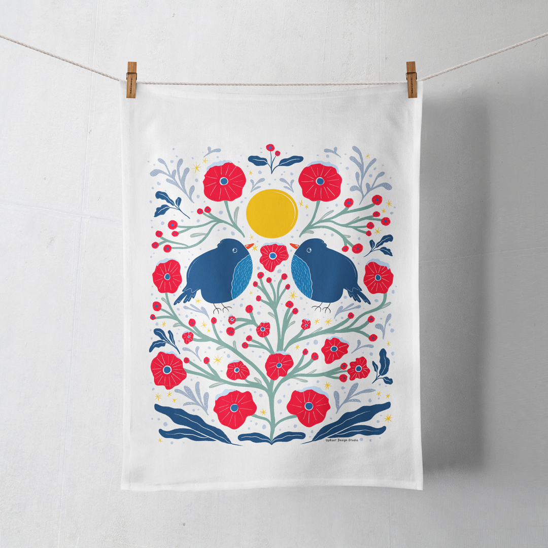 100% Organic Cotton "Two Birds in the Bush" Kitchen Tea Towel w. Hand-drawn Adorable Blue Birds & Red Flowers (Tea Time/Winter Dreaming)