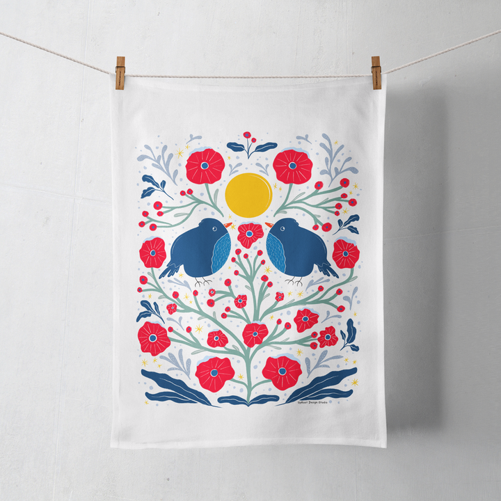 100% Organic Cotton "Two Birds in the Bush" Kitchen Tea Towel w. Hand-drawn Adorable Blue Birds & Red Flowers (Tea Time/Winter Dreaming)