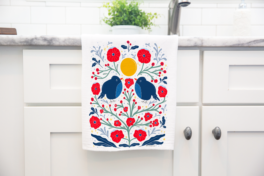 100% Organic Cotton "Two Birds in the Bush" Kitchen Tea Towel w. Hand-drawn Adorable Blue Birds & Red Flowers (Tea Time/Winter Dreaming)