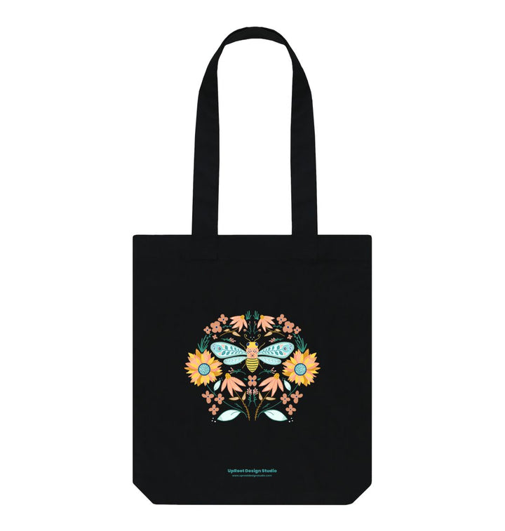 Black Hand-drawn Bee Folk Art Tote w. Wildflowers & Sunflowers Symmetrical Art (Celebrate Pollinators)