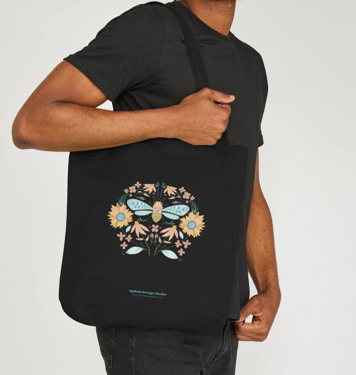 Hand-drawn Bee Folk Art Tote w. Wildflowers & Sunflowers Symmetrical Art (Celebrate Pollinators)