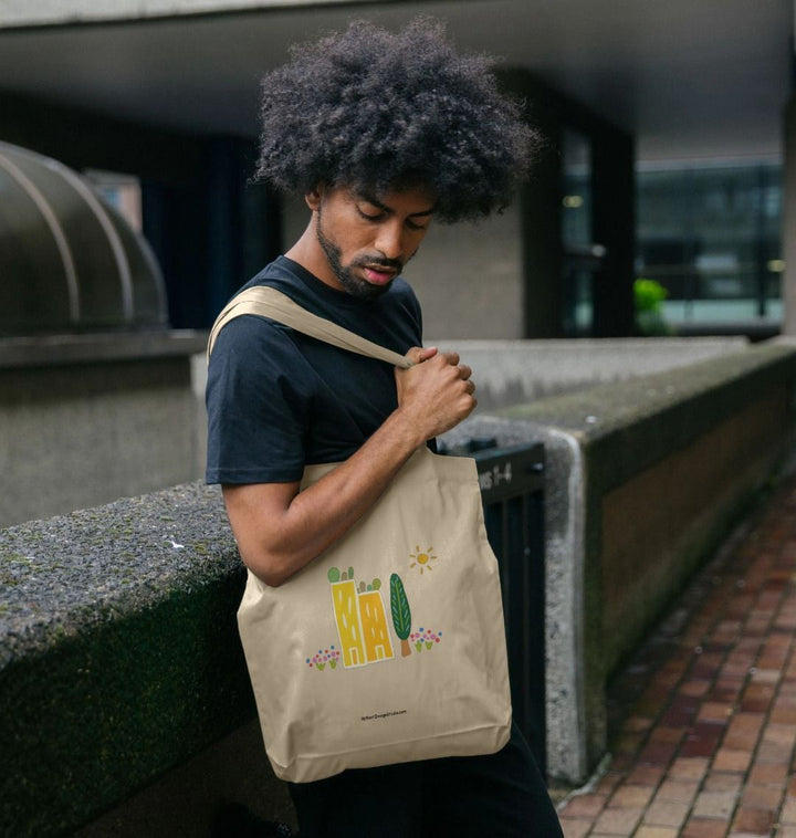 "Green Cities" 100% Organic Cotton Grocery Tote Bag w. Colorful Apartment Buildings, Rooftop Garden, Sun, Tree & Flowers