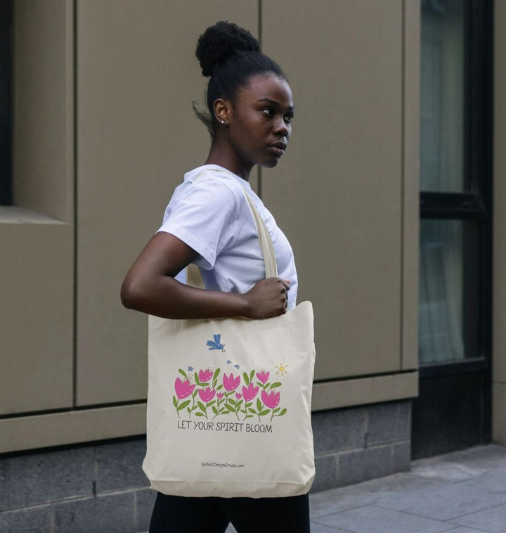 "Let Your Spirit Bloom" 100% Organic Cotton Grocery Tote Bag w. Breezy Tulip Flowers, Blue Bird & Sun