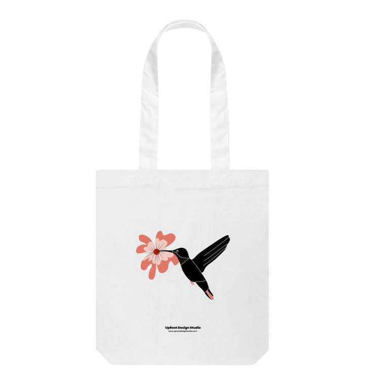 White 100% Organic Cotton Tote Bag - Nordic Hummingbird with Hibiscus Flower