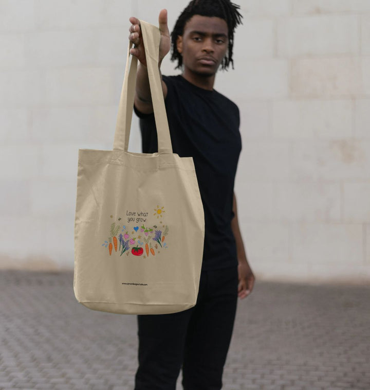 "Love What You Grow" Garden Party 100% Organic Cotton Grocery Tote Bag w. vegetables, fruit, raindrops, stars & sun