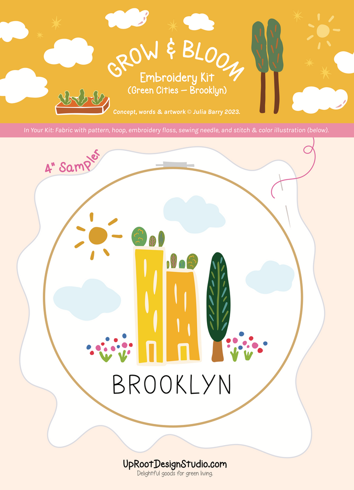 "Brooklyn" Green Cities Eco-Embroidery Kit w. Apartment Gardens, Flowers, Clouds, Tree & Sun 4" Sampler (Joyful Threads Grow & Bloom)