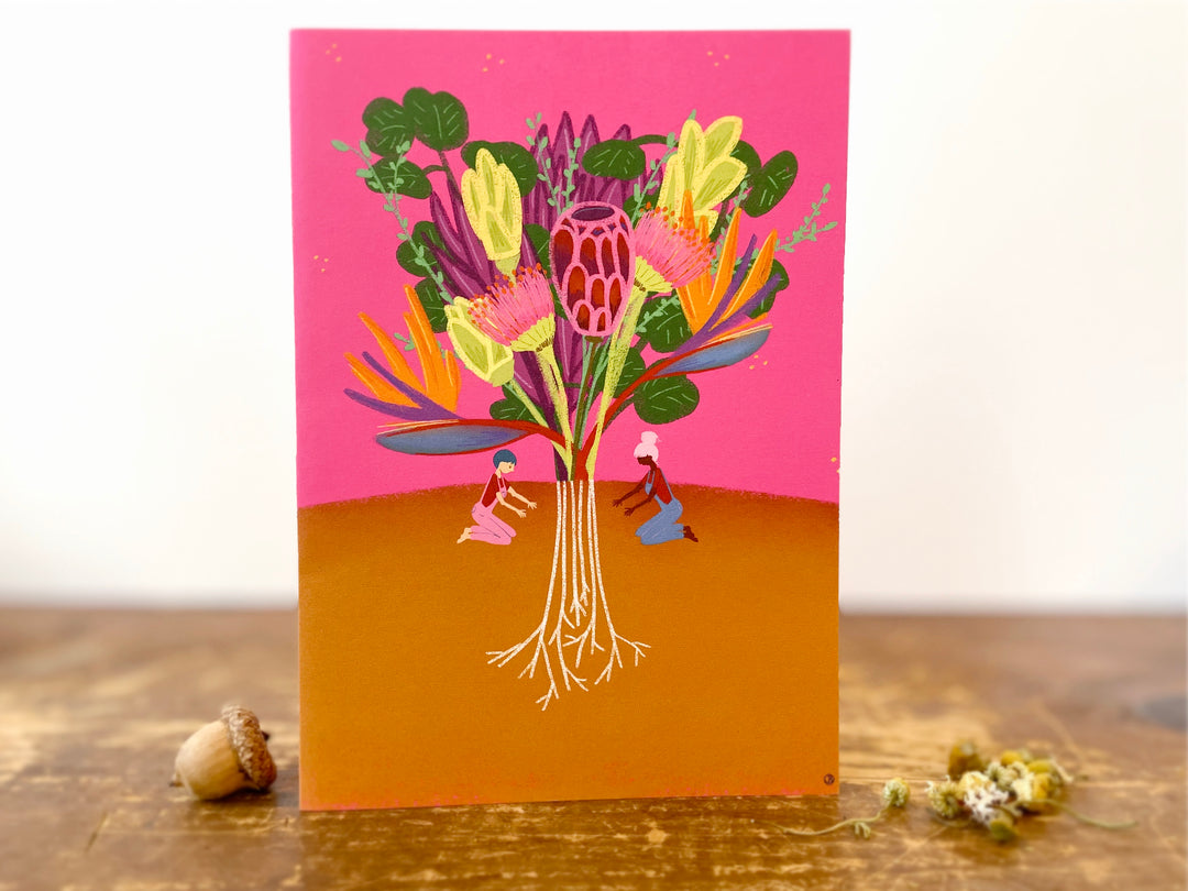 "Tropical Gardeners" Greeting Card w. Colorful Hand-Drawn Art of Flower Bouquet & People Gardening + Recycled Envelope - Blank inside (Grow & Bloom)