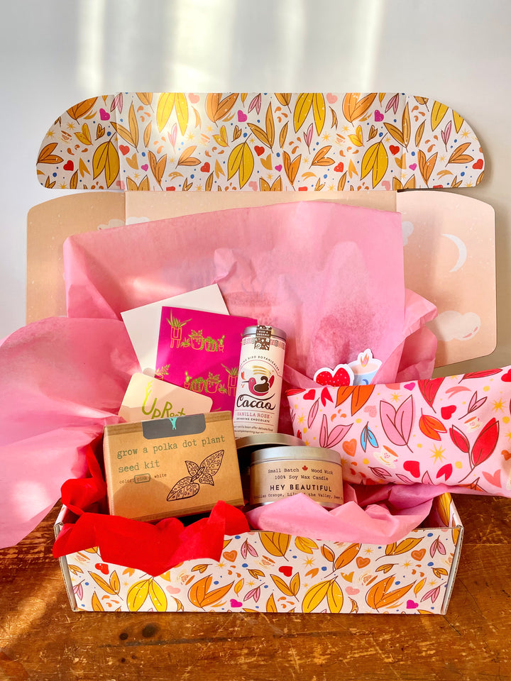 "Cherish" Gift Box: Eye Pillow, Vanilla Hot Chocolate, Soy Candle, Greeting Card, Pink Polka-Dot Plant Kit, Plant Tea Towel, Fig Soap, Stickers (Love in Bloom)