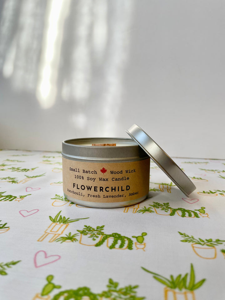 Golden Light Candle Relaxation Set: “Flower Child” Scented (Patchouli, Lavender + Amber) Candle, Meditation Card + Mindfulness Journal (Grow & Bloom)