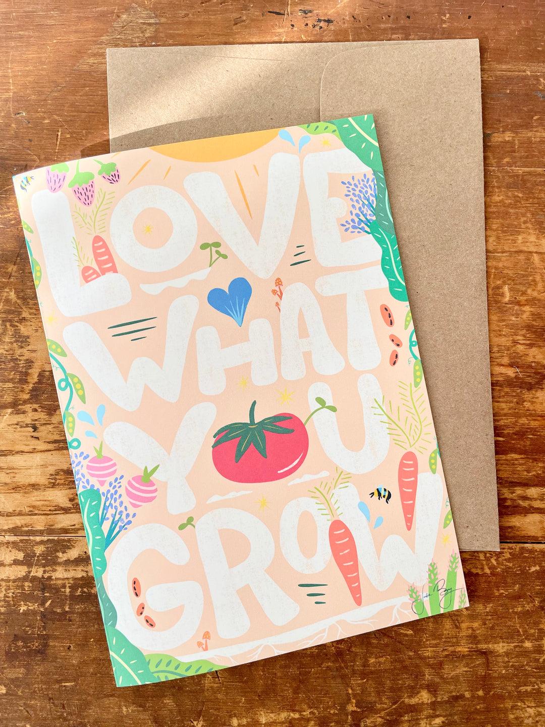 "Love What You Grow" Eco Recycled Greeting Card w. Hand-Drawn Art w. Vegetables, Fruit, Bees & Sun + Recycled Envelope, Blank inside (Grow & Bloom)
