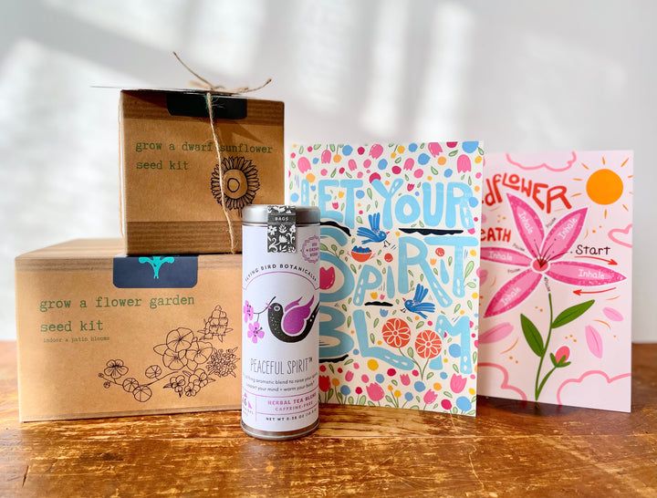 "Blooming Wellness" Growing Gift Box: Sunflower Kit, Flower Garden Kit, Tea, Meditation Card, Blooming Wellness Greeting Card (Grow & Bloom)