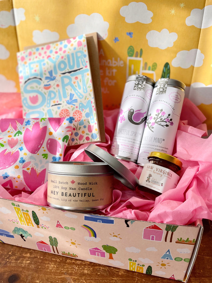 "Healing Wellness" Gift Box: Lavender Eye Pillow, 2 Peaceful Teas, Honey, Scented Candle & Greeting Card (Natural Comforts / Grow & Bloom)
