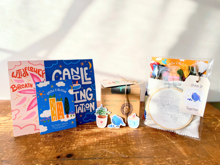 "Flower Power" Gift Box w. Dwarf Sunflower, Embroidery Kit, Meditation Cards, Soy Candle, & Journal (Grow & Bloom)