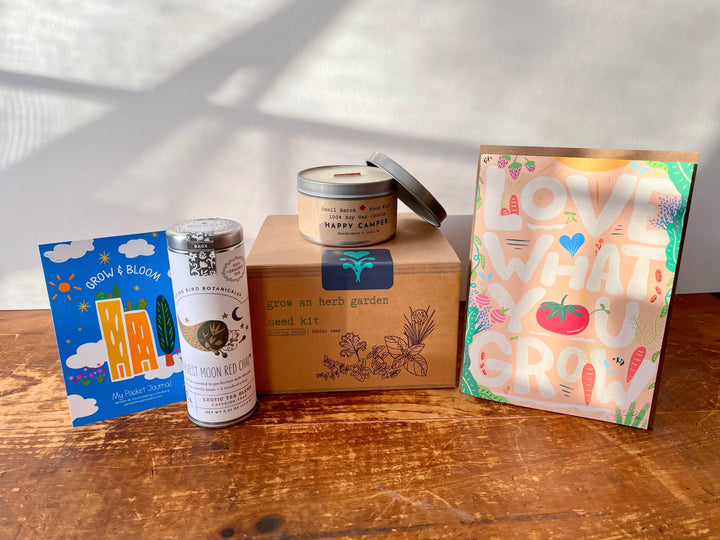 "Flavor Party" Growing Gift Box: Cooking Herbs Garden Kit, Soy Candle (Sandalwood + Vanilla), Green Cities Tote, "Love What You Grow" Greeting Card, "Harvest Moon" Chai Tea, Mindfulness Journal (Grow & Bloom)