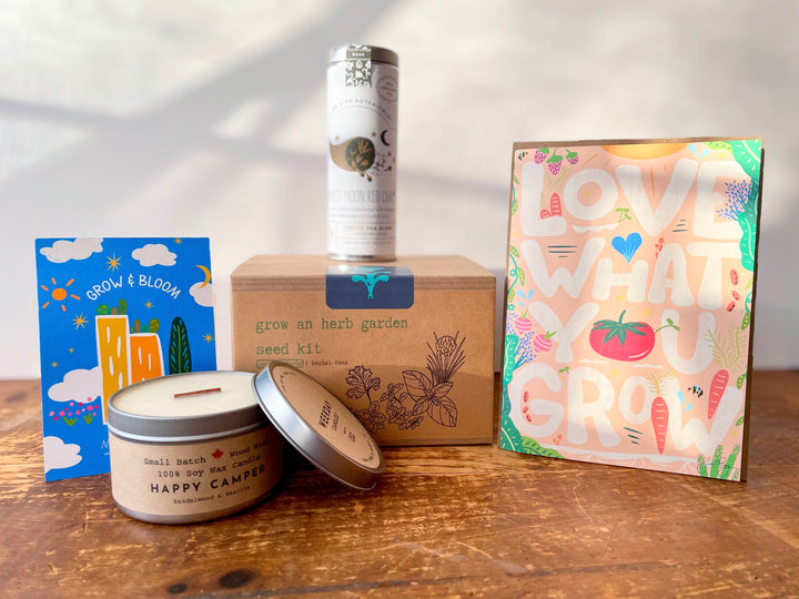 "Flavor Party" Growing Gift Box: Cooking Herbs Garden Kit, Soy Candle (Sandalwood + Vanilla), Green Cities Tote, "Love What You Grow" Greeting Card, "Harvest Moon" Chai Tea, Mindfulness Journal (Grow & Bloom)