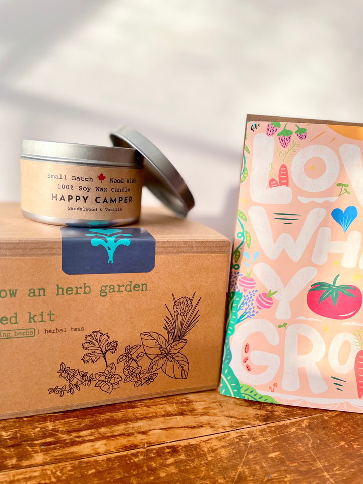 "Flavor Party" Growing Gift Box: Cooking Herbs Garden Kit, Soy Candle (Sandalwood + Vanilla), Green Cities Tote, "Love What You Grow" Greeting Card, "Harvest Moon" Chai Tea, Mindfulness Journal (Grow & Bloom)