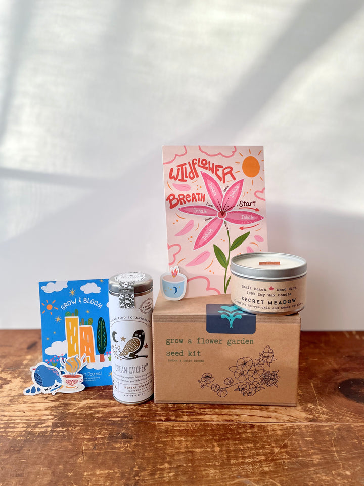 "Blooming Bright" Growing Gift Box: Flower Garden Kit, Soy Candle (Honeysuckle + Patchouli), Tulip Tote Bag, Wildflower Meditation Card, "Dream Catcher" Floral Tea, Pocket Journal