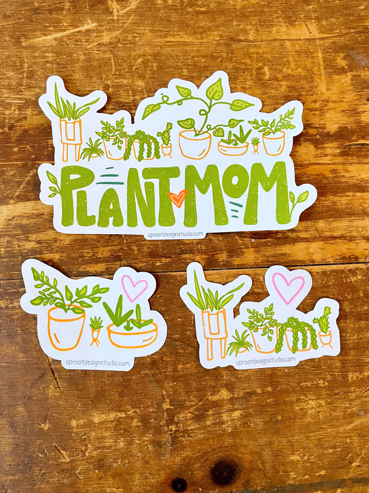"Plant Mom" Sticker Pouch with Two Whimsical Houseplant Stickers + "Plant Mom" Hand-Lettered Decal Large Sticker