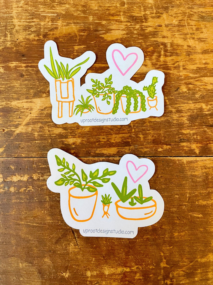 "Plant Mom" Sticker Pouch with Two Whimsical Houseplant Stickers + "Plant Mom" Hand-Lettered Decal Large Sticker