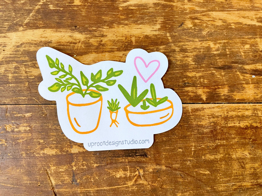 Adorable Individual Medium Size Recyclable Eco Sticker with Row of 3 Houseplants in Pots (Grow & Bloom / Plant Parenthood)