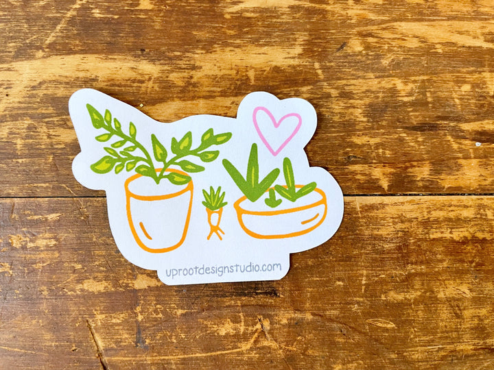Adorable Individual Medium Size Recyclable Eco Sticker with Row of 3 Houseplants in Pots (Grow & Bloom / Plant Parenthood)