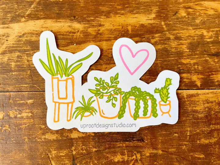 Adorable Individual Medium Size Recyclable Eco Sticker with Row of 4 Houseplants in Pots (Grow & Bloom / Plant Parenthood)