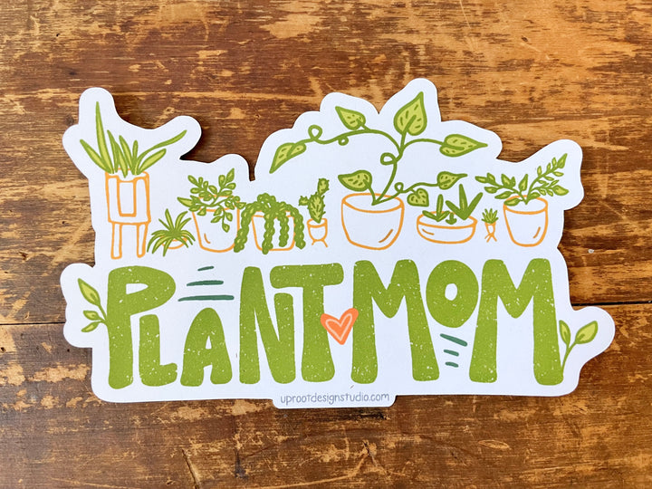 "Plant Mom" Sticker Pouch with Two Whimsical Houseplant Stickers + "Plant Mom" Hand-Lettered Decal Large Sticker