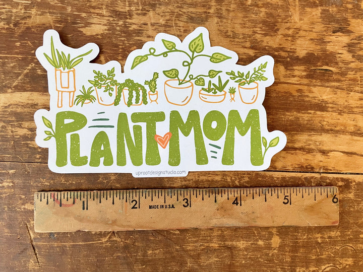 "Plant Mom" Sticker Pouch with Two Whimsical Houseplant Stickers + "Plant Mom" Hand-Lettered Decal Large Sticker