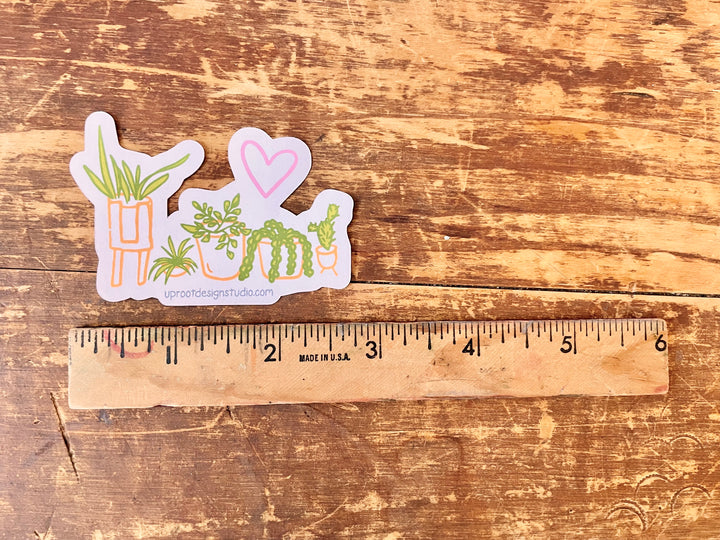 Adorable Individual Medium Size Recyclable Eco Sticker with Row of 4 Houseplants in Pots (Grow & Bloom / Plant Parenthood)