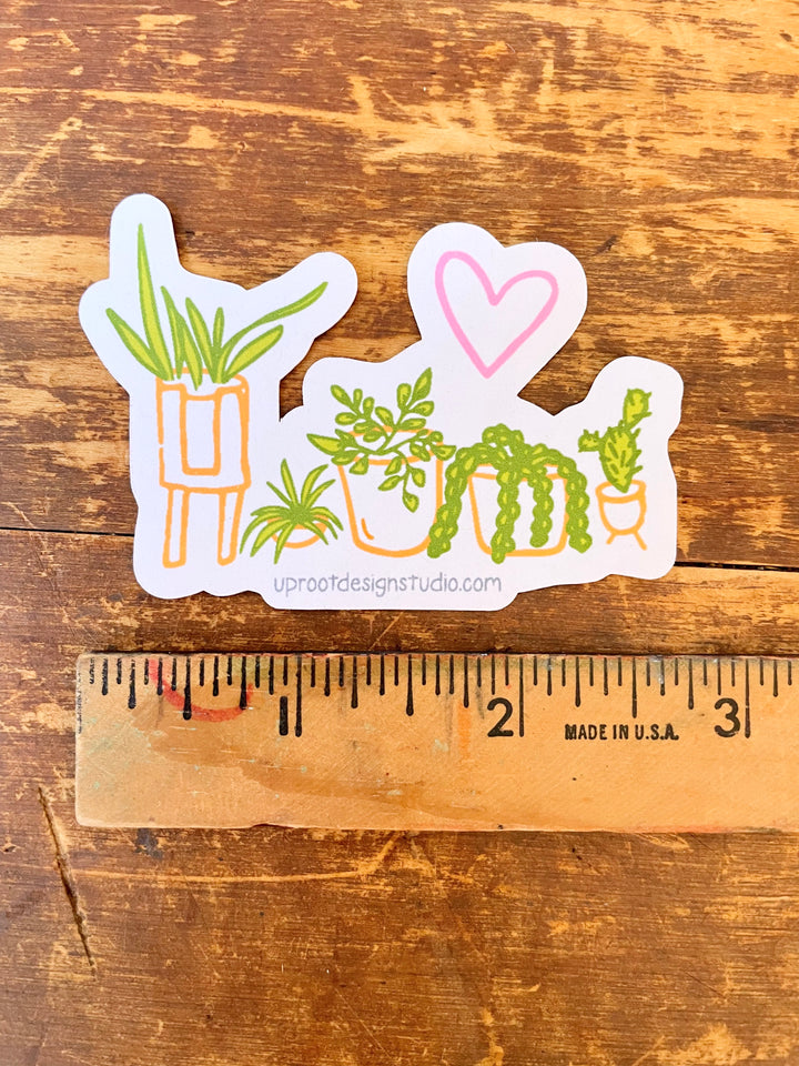 "Plant Mom" Sticker Pouch with Two Whimsical Houseplant Stickers + "Plant Mom" Hand-Lettered Decal Large Sticker